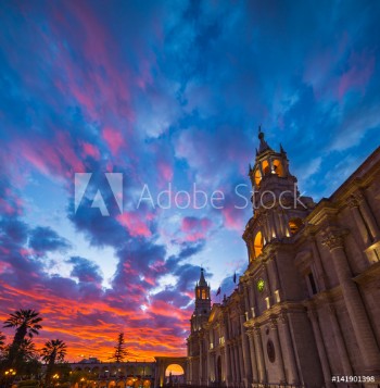 Picture of Cathedral of Arequipa Peru with stunning sky at dusk